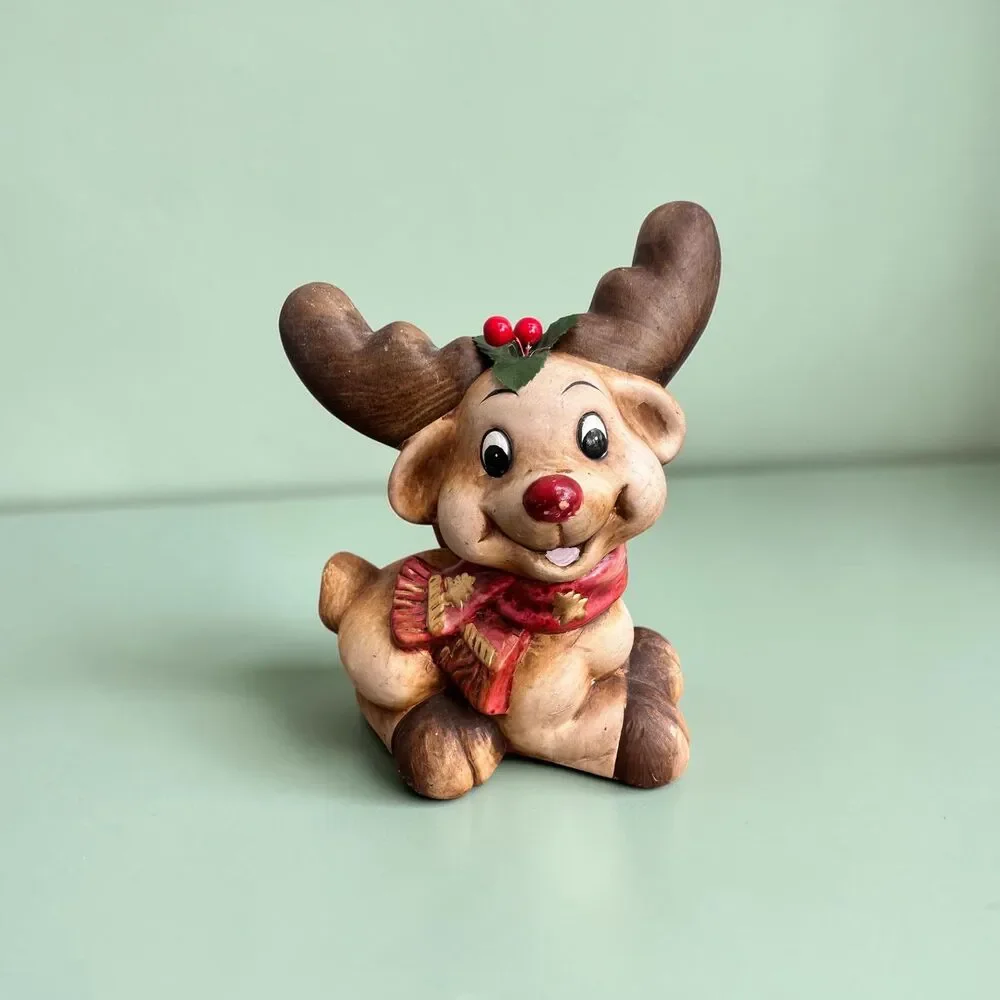 Vintage Red Nose Reindeer Christmas Planter Pot w/Mistletoe Kitsch Holiday Decor